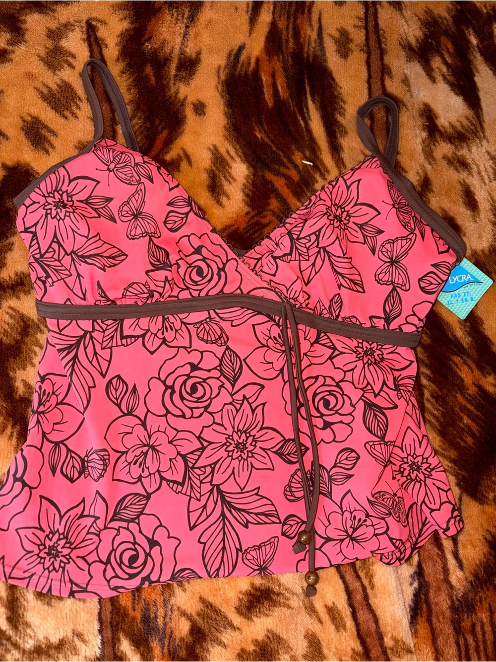 Women’s Pink Floral Tankini Top with Brown Trim